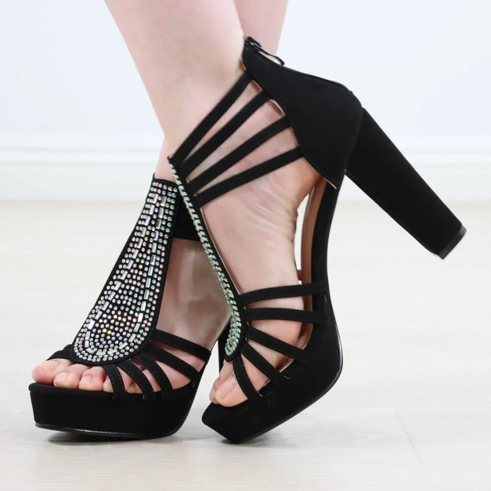 Black Rhinestone T-Strap Platform Sandals Women’s Block Heel Evening Party Shoes - Picture 4 of 15